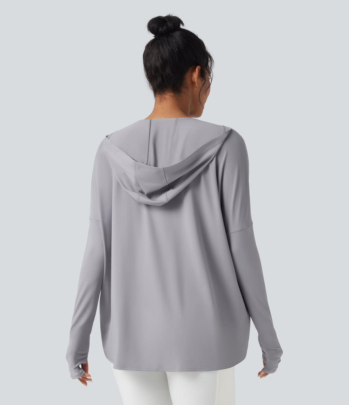 Hooded Cowl Neck Long Sleeve Thumb Hole Yoga Sports Top with Pockets — Mist Grey — view 2