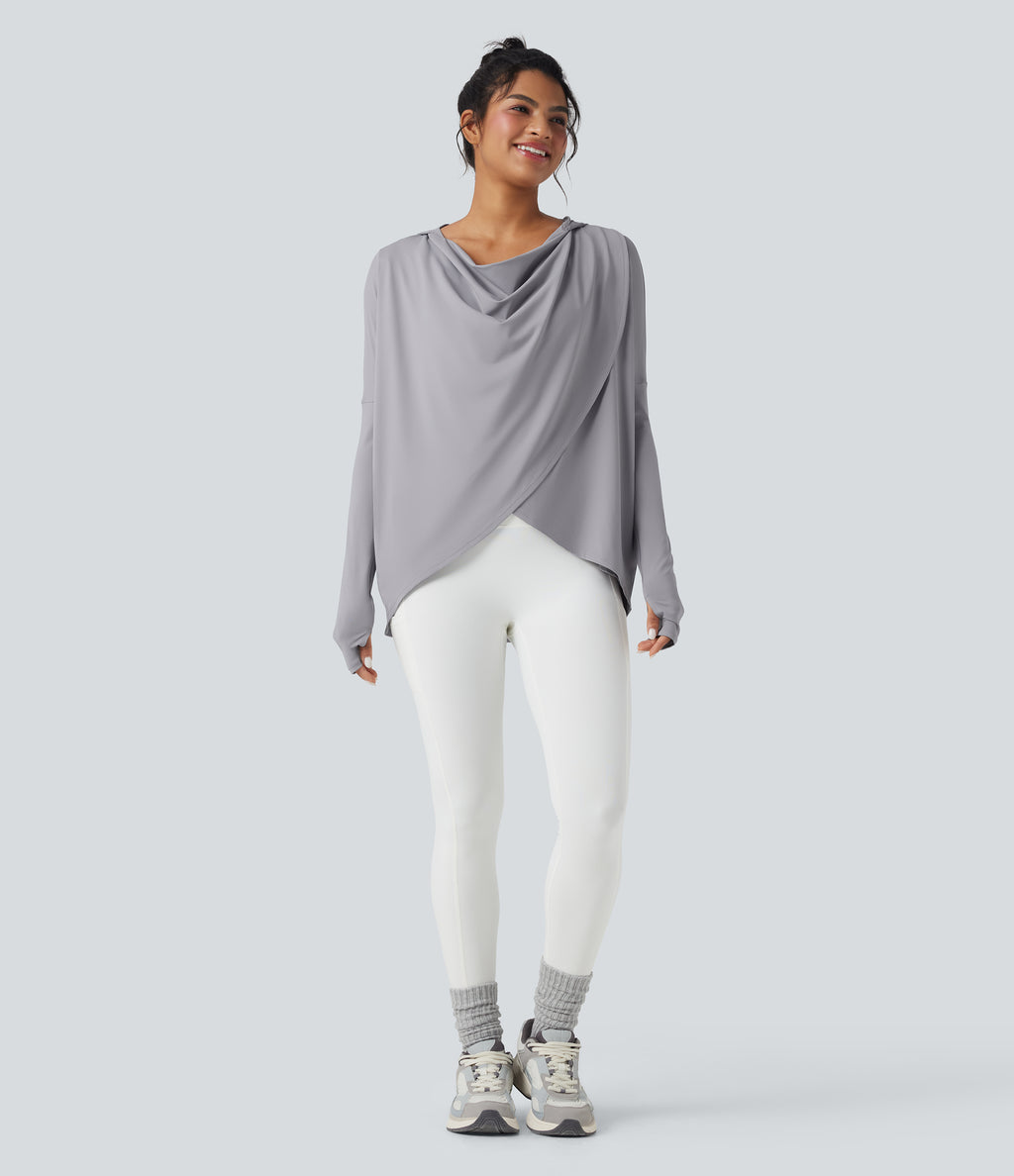 Hooded Cowl Neck Long Sleeve Thumb Hole Yoga Sports Top with Pockets — Mist Grey — view 5