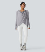Hooded Cowl Neck Long Sleeve Thumb Hole Yoga Sports Top with Pockets — Mist Grey — view 5