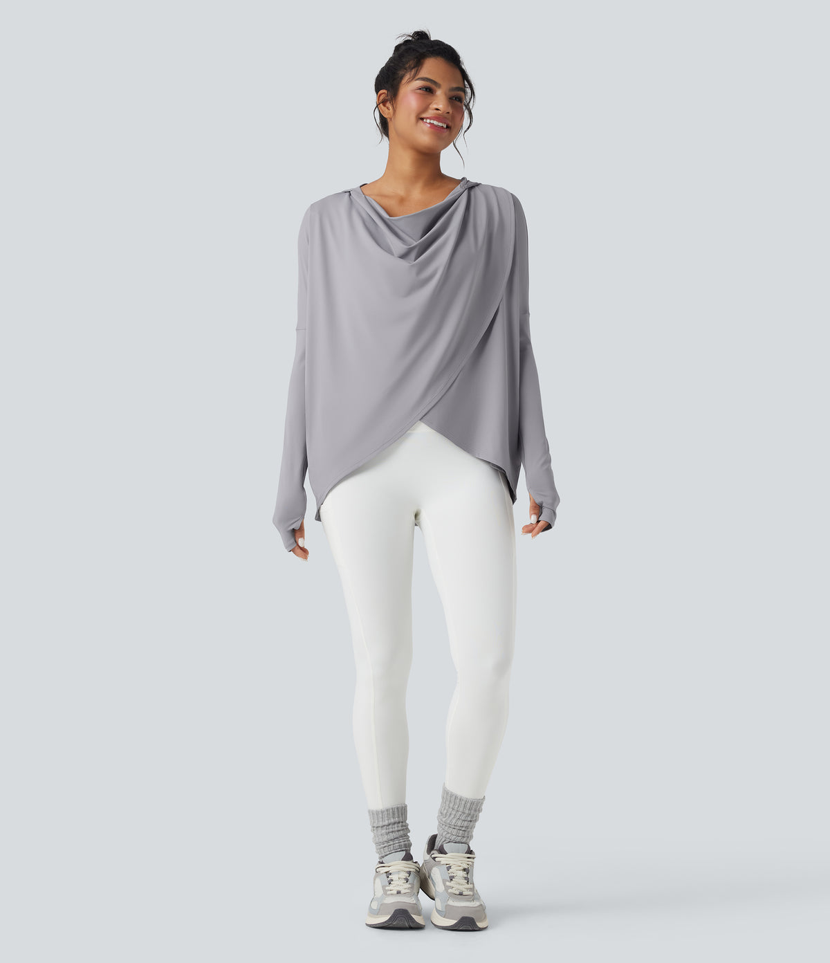 Hooded Cowl Neck Long Sleeve Thumb Hole Yoga Sports Top with Pockets — Mist Grey — view 5