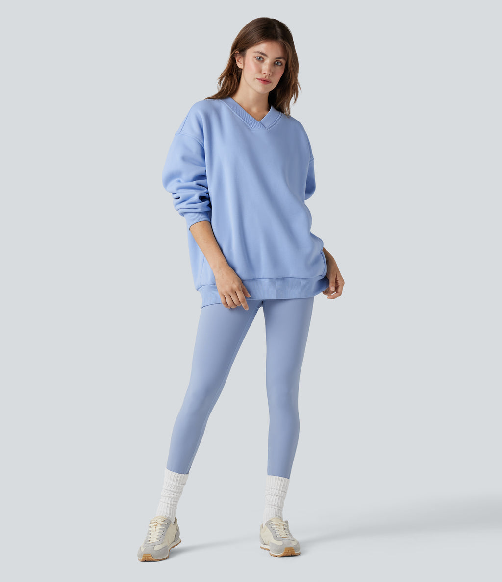 V Neck Long Sleeve Fleece Casual Cotton Sweatshirt with Pockets — Serenity — view 5