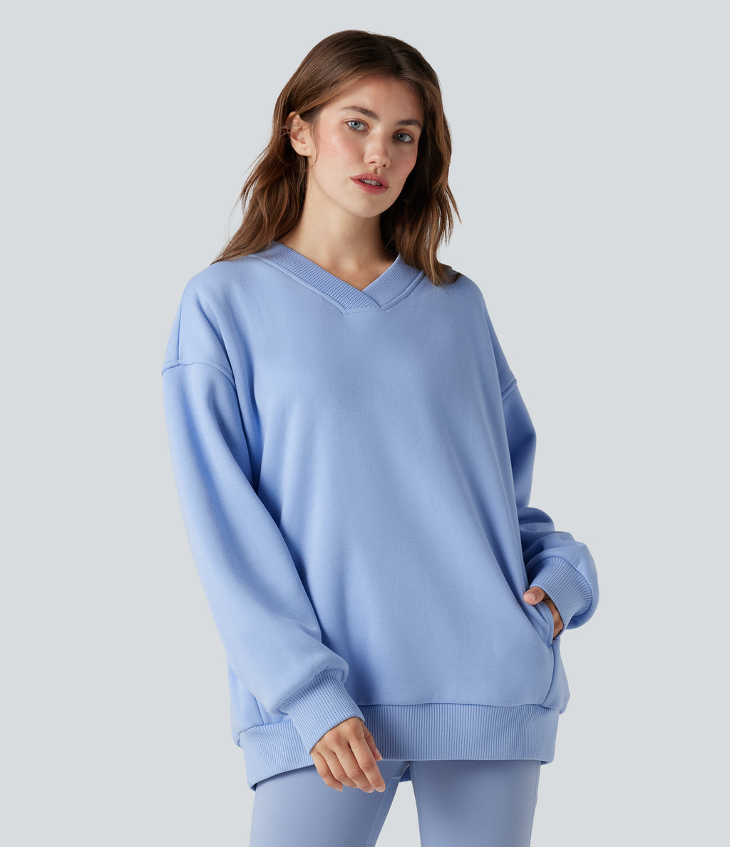V Neck Long Sleeve Fleece Casual Cotton Sweatshirt with Pockets — Serenity — view 3