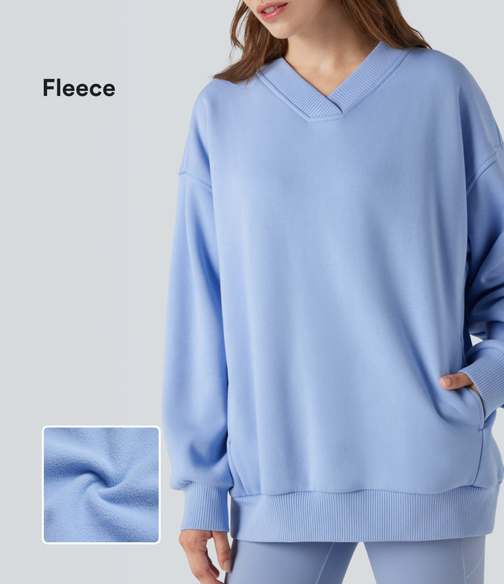 V Neck Long Sleeve Fleece Casual Cotton Sweatshirt with Pockets — Serenity — view 1