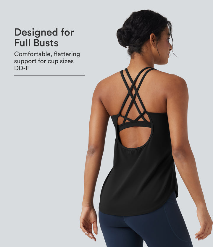 Round Neck Crisscross Back Running Tank Tops DD-F Cups — Black — view 1