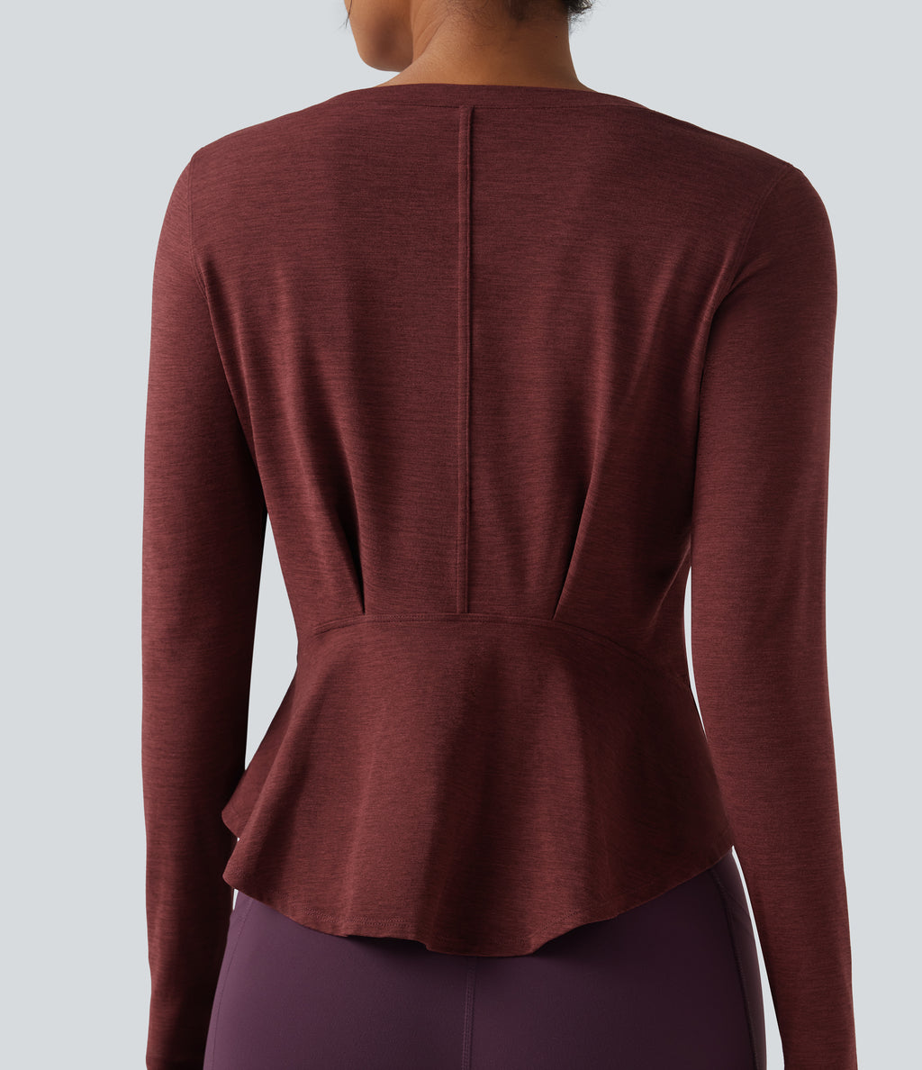 Heathered V-neck Long Sleeve Thumb Holes Curved Hem Yoga Sports Tops — Mottled Sandalwood Red — view 5