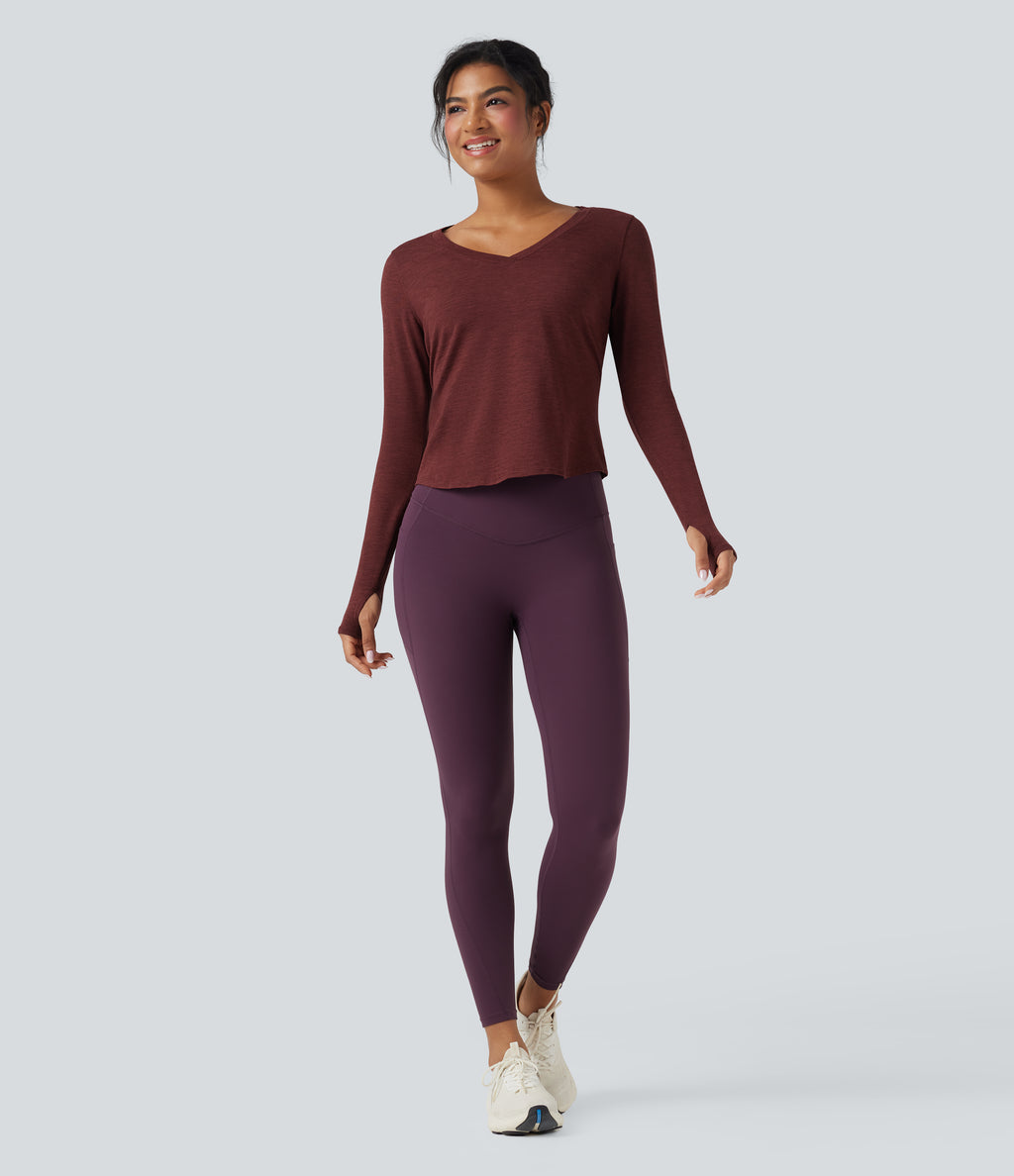 Heathered V-neck Long Sleeve Thumb Holes Curved Hem Yoga Sports Tops — Mottled Sandalwood Red — view 7