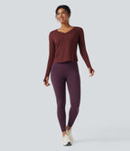 Heathered V-neck Long Sleeve Thumb Holes Curved Hem Yoga Sports Tops — Mottled Sandalwood Red — view 7