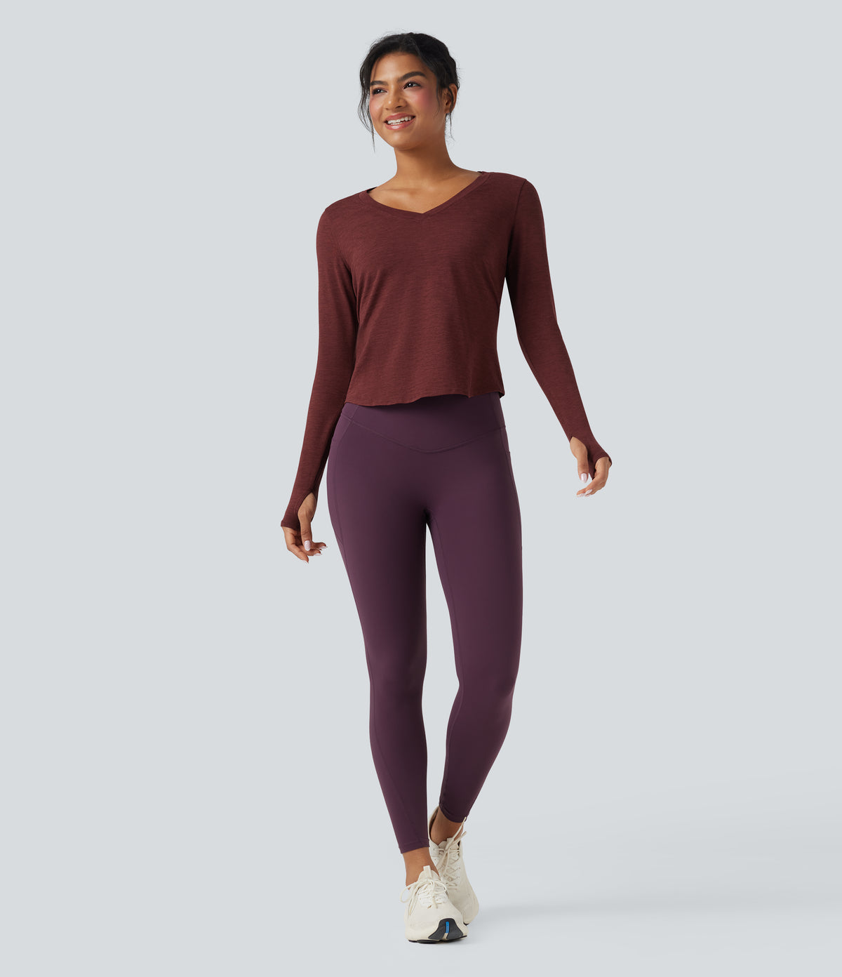 Heathered V-neck Long Sleeve Thumb Holes Curved Hem Yoga Sports Tops — Mottled Sandalwood Red — view 7