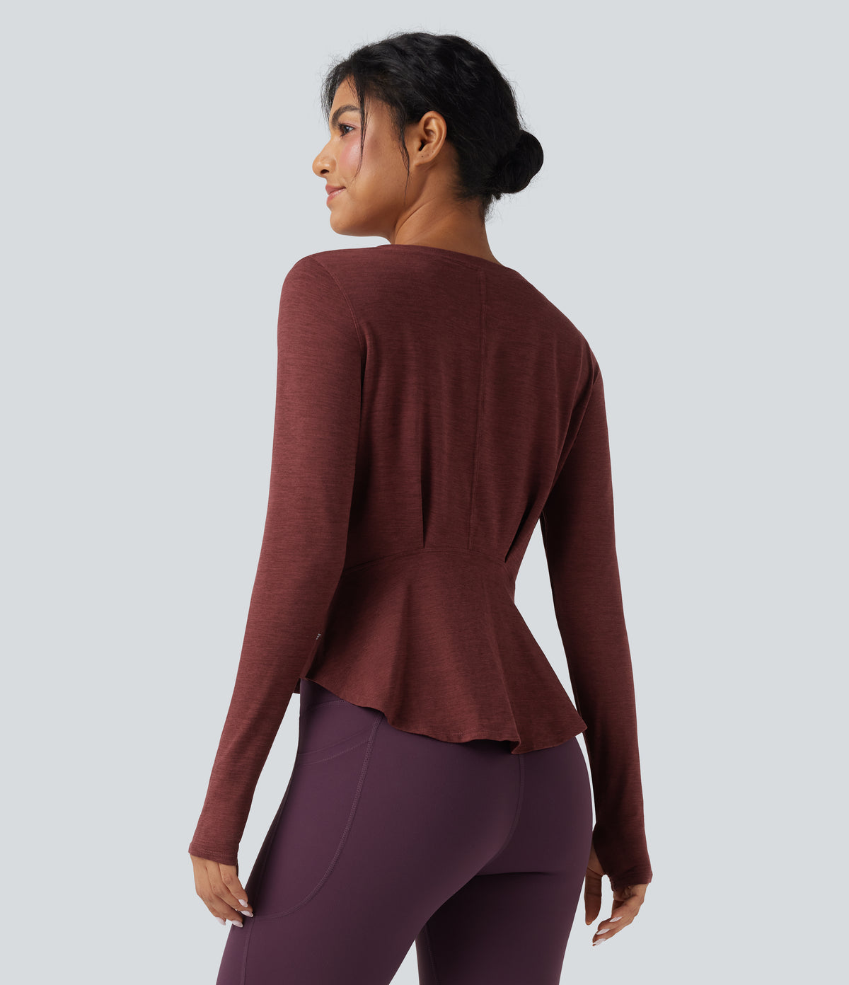 Heathered V-neck Long Sleeve Thumb Holes Curved Hem Yoga Sports Tops — Mottled Sandalwood Red — view 1