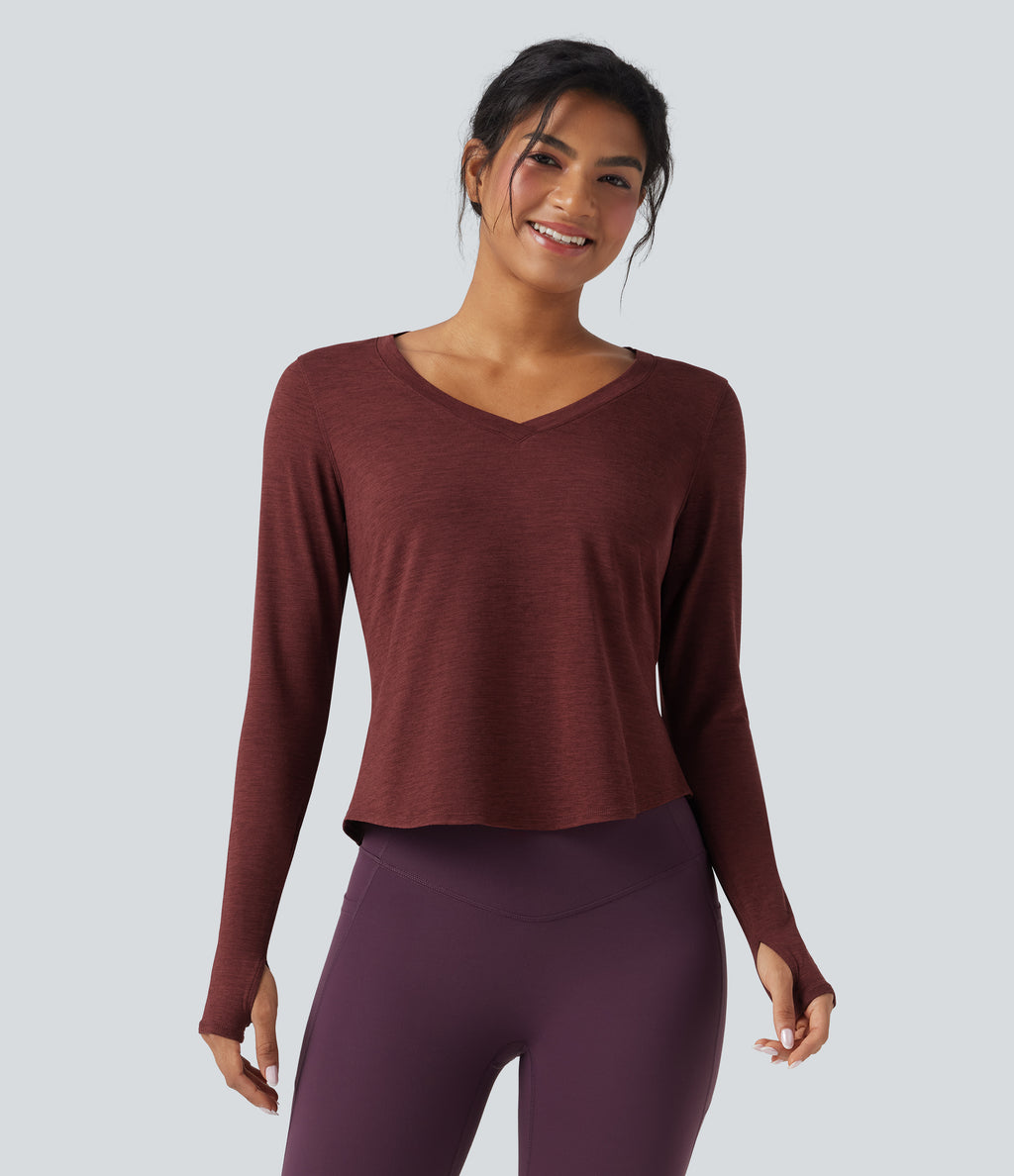 Heathered V-neck Long Sleeve Thumb Holes Curved Hem Yoga Sports Tops — Mottled Sandalwood Red — view 2