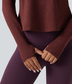 Heathered V-neck Long Sleeve Thumb Holes Curved Hem Yoga Sports Tops — Mottled Sandalwood Red — view 6