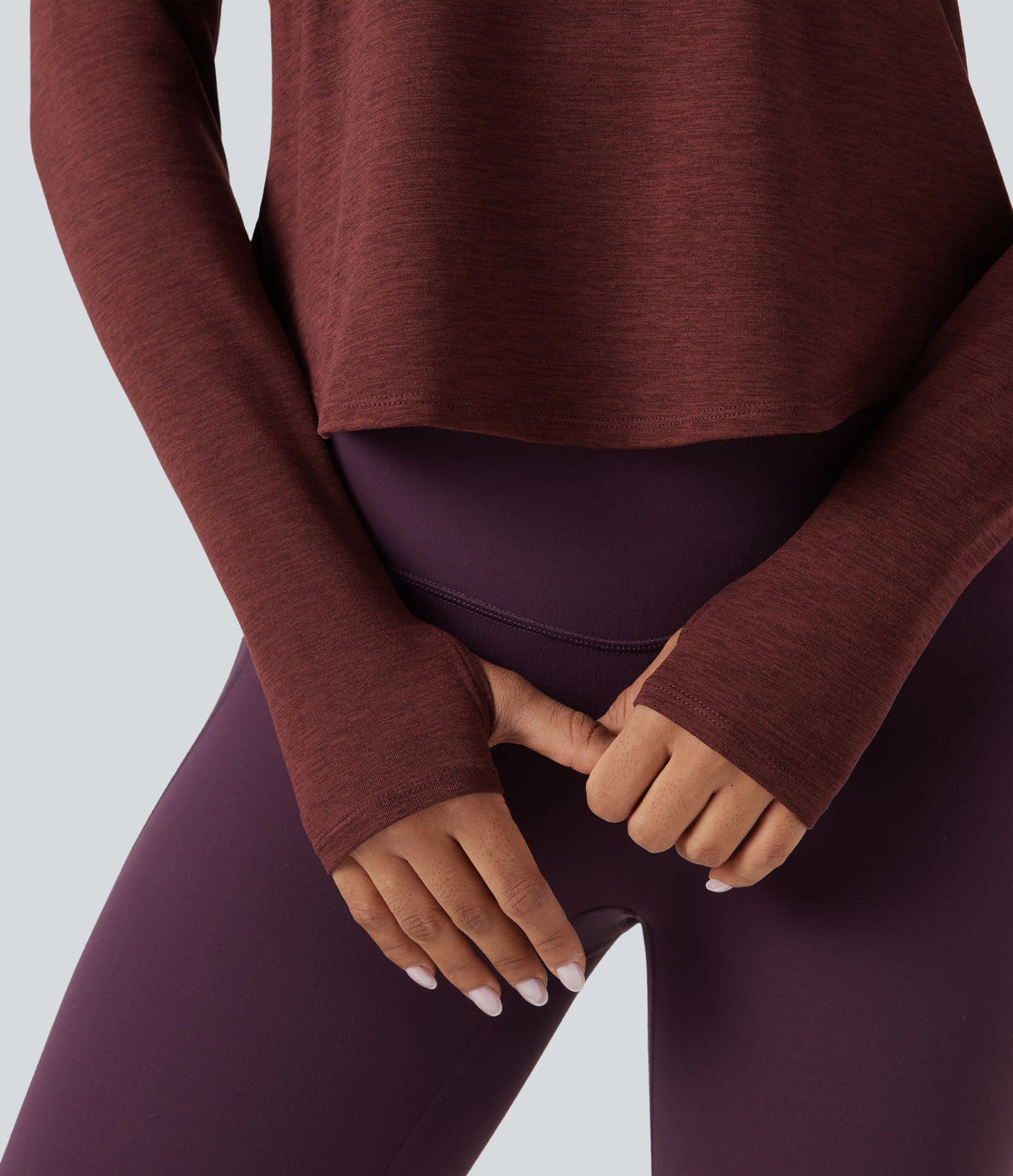Heathered V-neck Long Sleeve Thumb Holes Curved Hem Yoga Sports Tops — Mottled Sandalwood Red — view 6