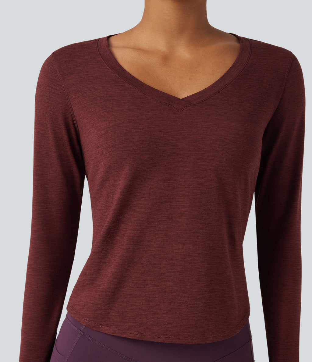 Heathered V-neck Long Sleeve Thumb Holes Curved Hem Yoga Sports Tops — Mottled Sandalwood Red — view 4