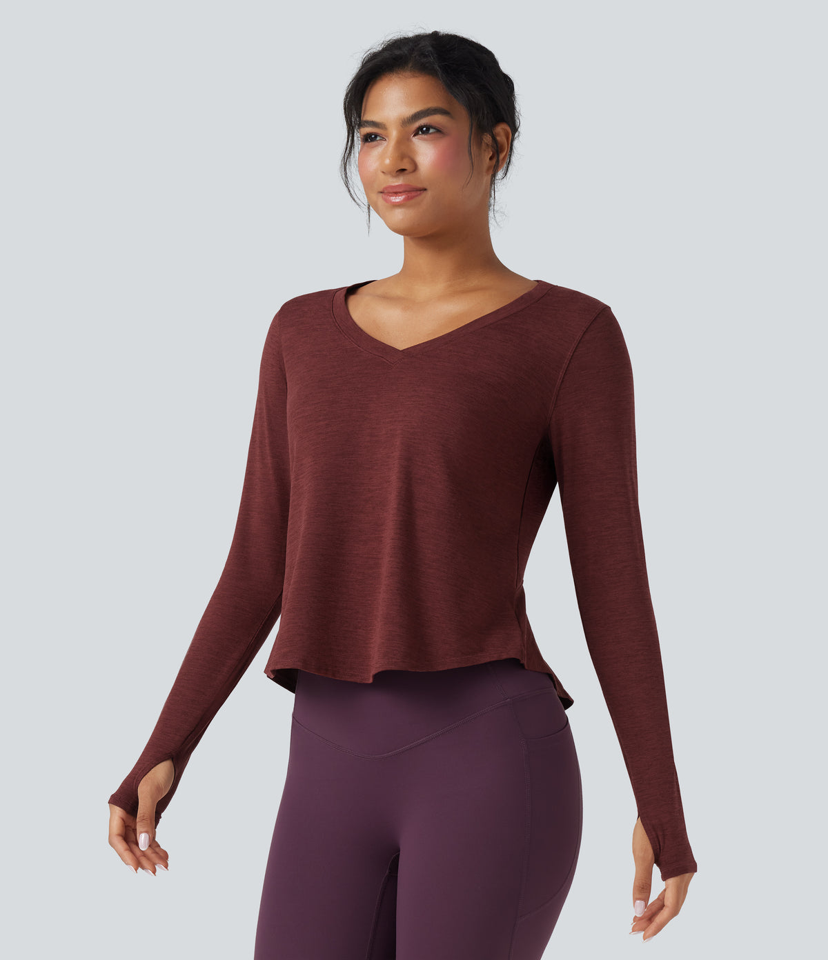 Heathered V-neck Long Sleeve Thumb Holes Curved Hem Yoga Sports Tops — Mottled Sandalwood Red — view 3