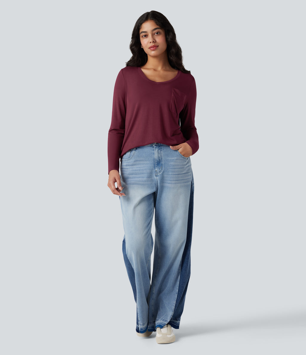 V-neck Long Sleeve Curved Hem Relaxed Casual T-Shirt with Pocket — Purple Potion — view 8