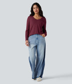 V-neck Long Sleeve Curved Hem Relaxed Casual T-Shirt with Pocket — Purple Potion — view 8
