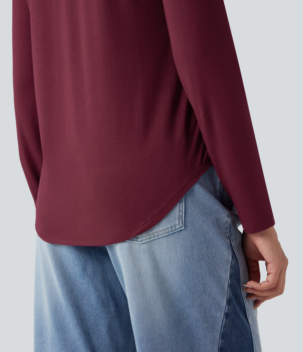 V-neck Long Sleeve Curved Hem Relaxed Casual T-Shirt with Pocket — Purple Potion — view 5