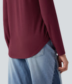 V-neck Long Sleeve Curved Hem Relaxed Casual T-Shirt with Pocket — Purple Potion — view 5