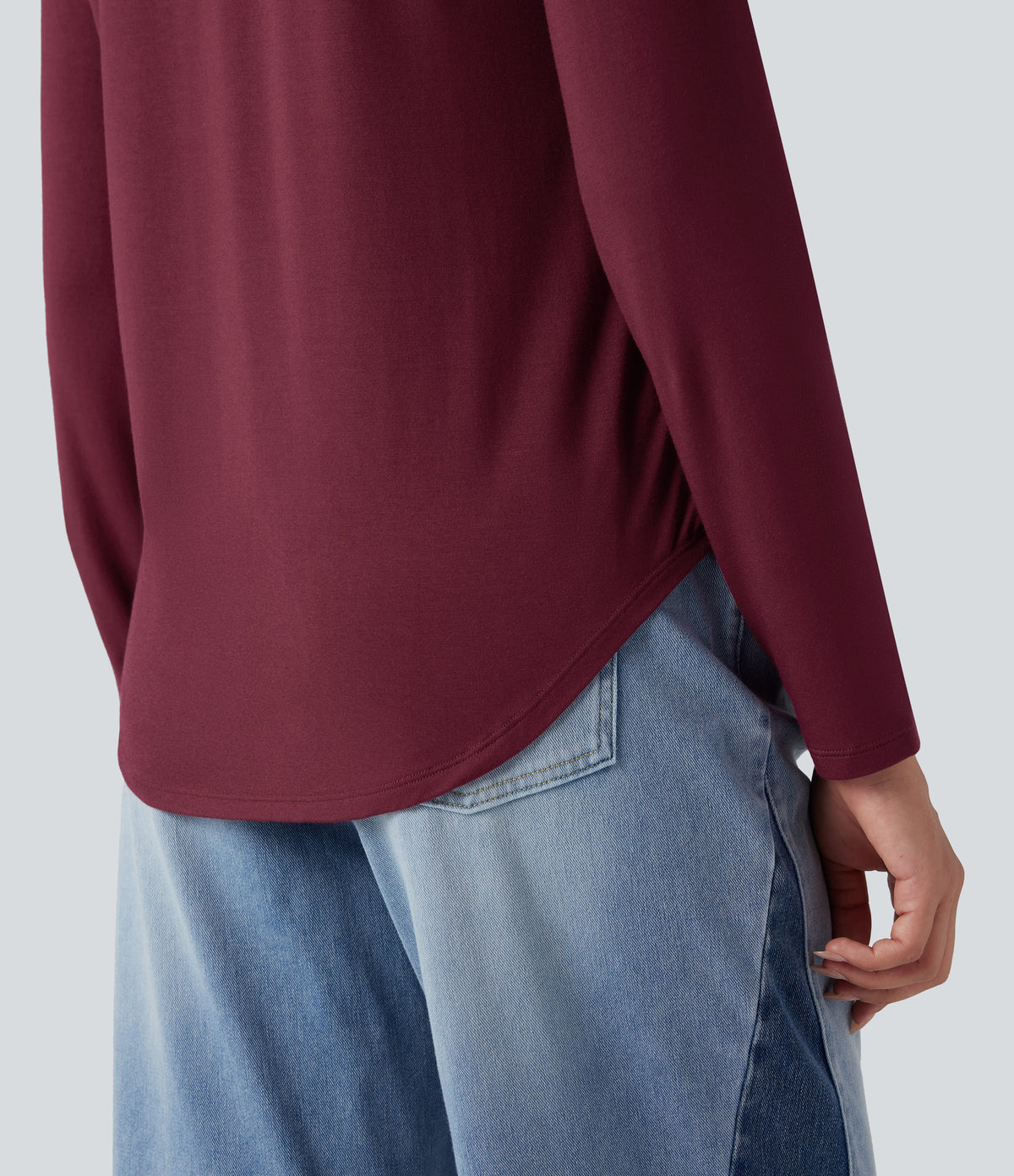 V-neck Long Sleeve Curved Hem Relaxed Casual T-Shirt with Pocket — Purple Potion — view 5