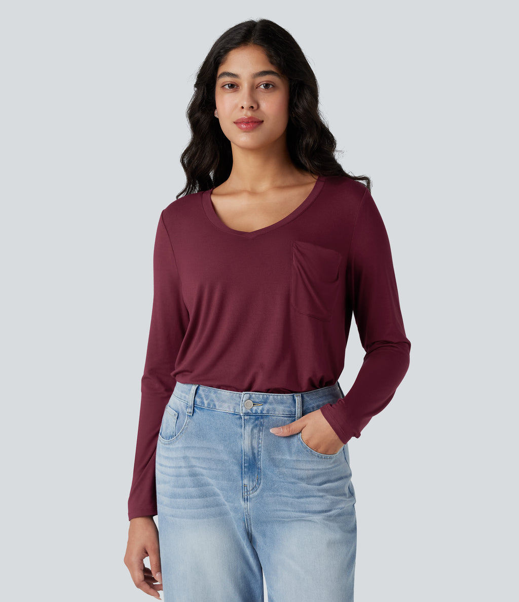 V-neck Long Sleeve Curved Hem Relaxed Casual T-Shirt with Pocket — Purple Potion — view 6
