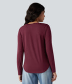 V-neck Long Sleeve Curved Hem Relaxed Casual T-Shirt with Pocket — Purple Potion — view 2