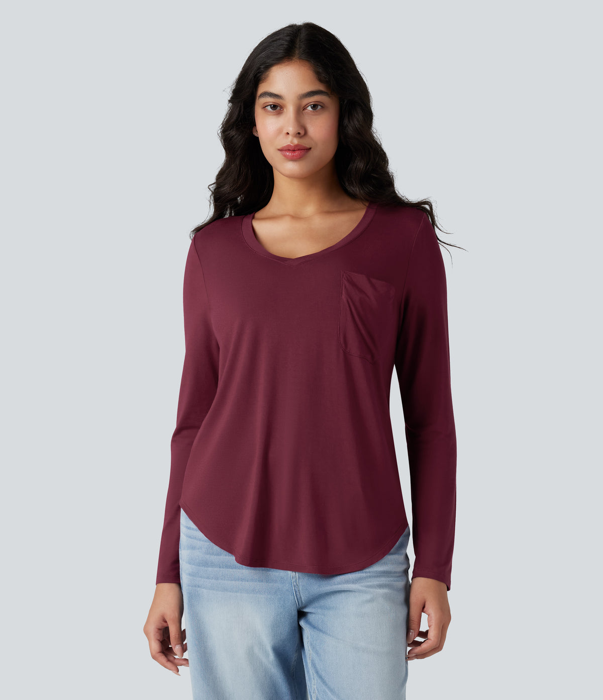 V-neck Long Sleeve Curved Hem Relaxed Casual T-Shirt with Pocket — Purple Potion — view 7