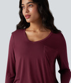 V-neck Long Sleeve Curved Hem Relaxed Casual T-Shirt with Pocket — Purple Potion — view 4