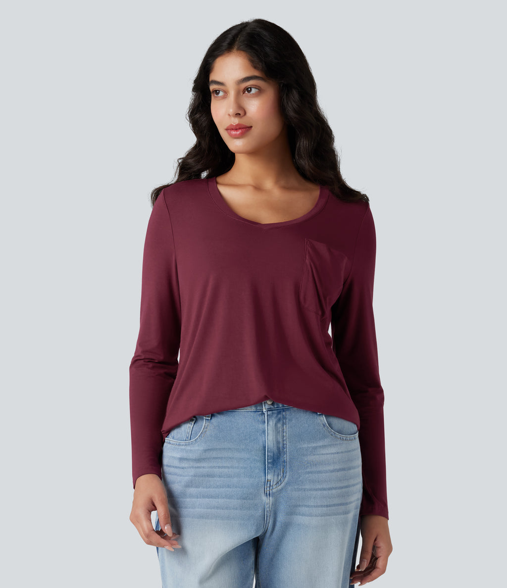 V-neck Long Sleeve Curved Hem Relaxed Casual T-Shirt with Pocket — Purple Potion — view 1
