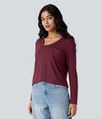 V-neck Long Sleeve Curved Hem Relaxed Casual T-Shirt with Pocket — Purple Potion — view 3