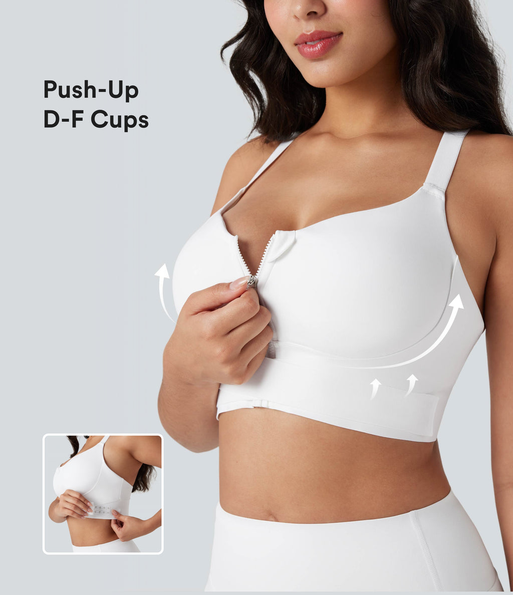 SpeedWave Medium Support Push Up Zipper Adjustable Buckle Quick Dry Running Sports Bra DD-F Cups — White — view 1