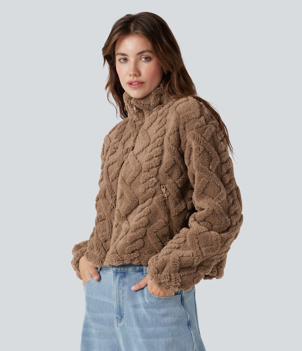 High-neck Zip Fly Casual Sherpa Jacket with Pockets — Coca Mocha — view 5