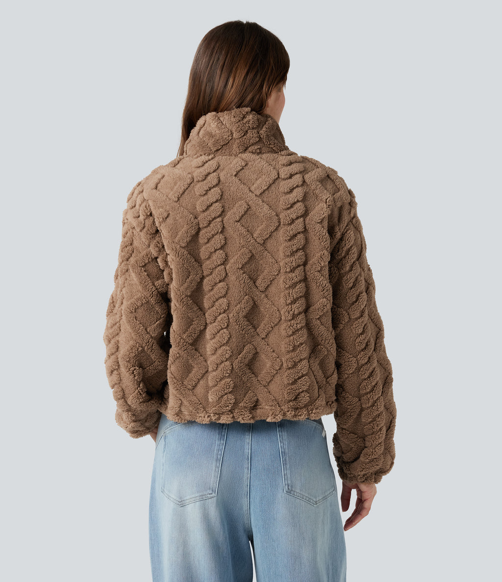 High-neck Zip Fly Casual Sherpa Jacket with Pockets — Coca Mocha — view 3