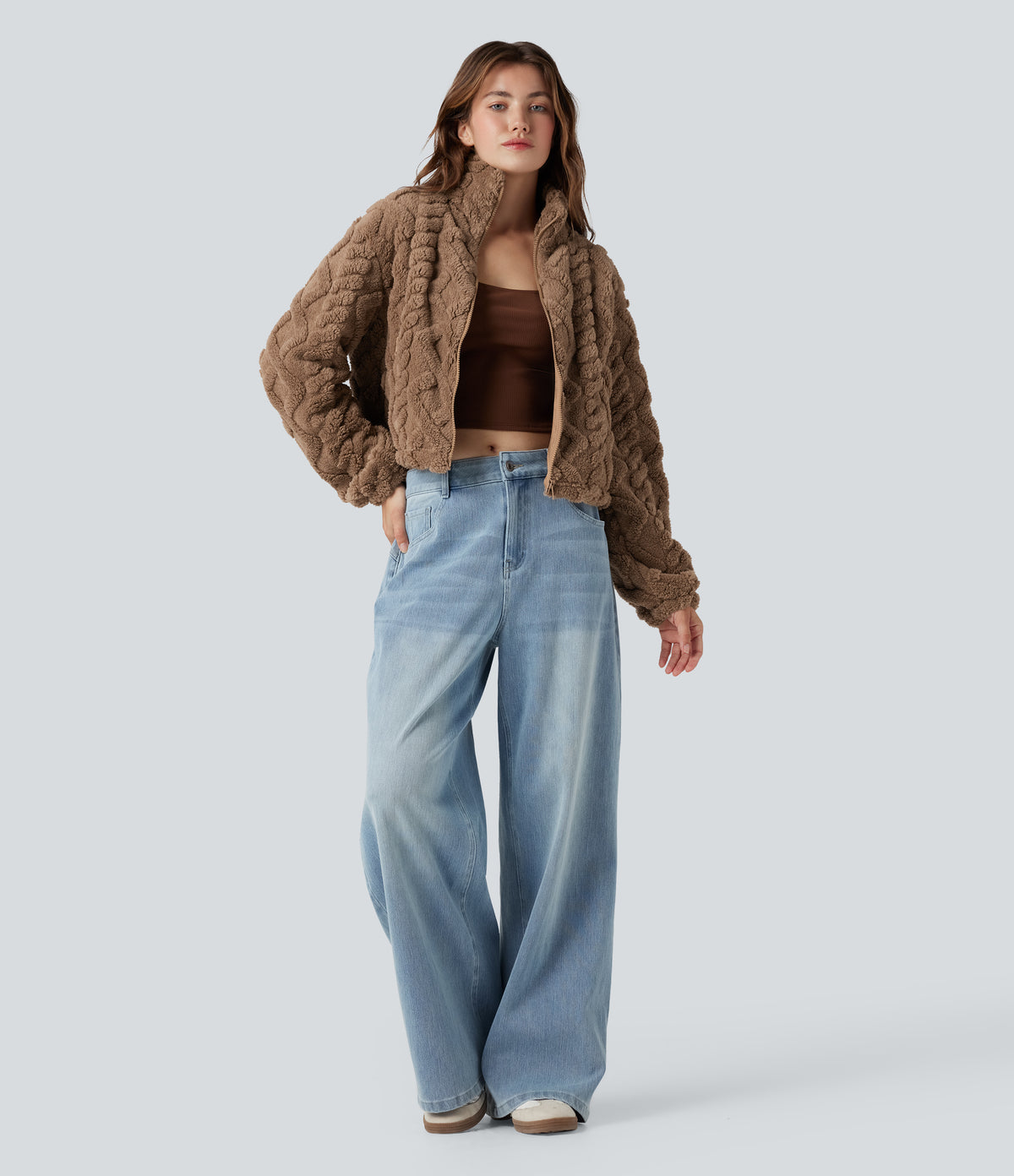 High-neck Zip Fly Casual Sherpa Jacket with Pockets — Coca Mocha — view 6