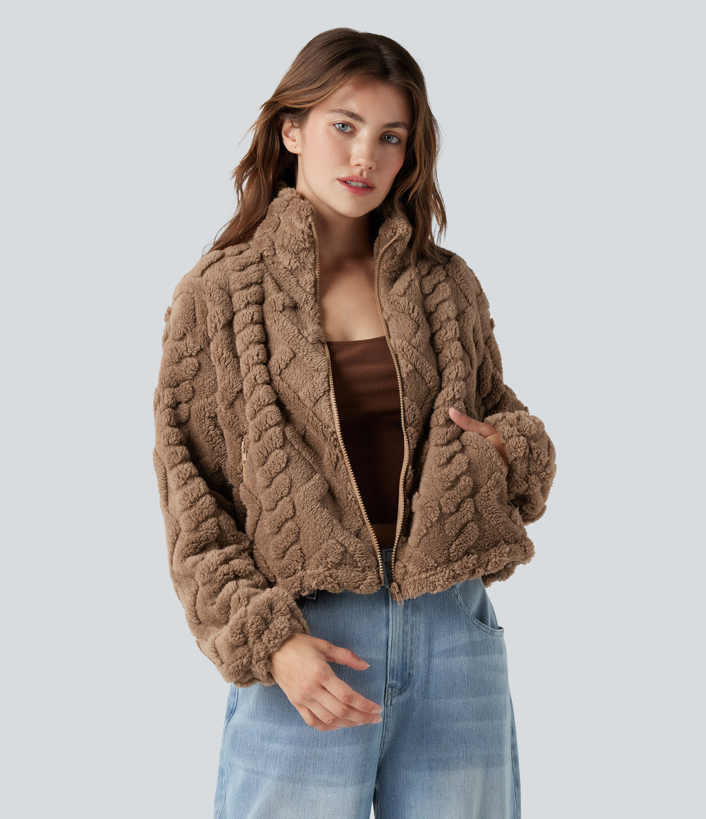 High-neck Zip Fly Casual Sherpa Jacket with Pockets — Coca Mocha — view 4