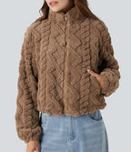 High-neck Zip Fly Casual Sherpa Jacket with Pockets — Coca Mocha — view 1