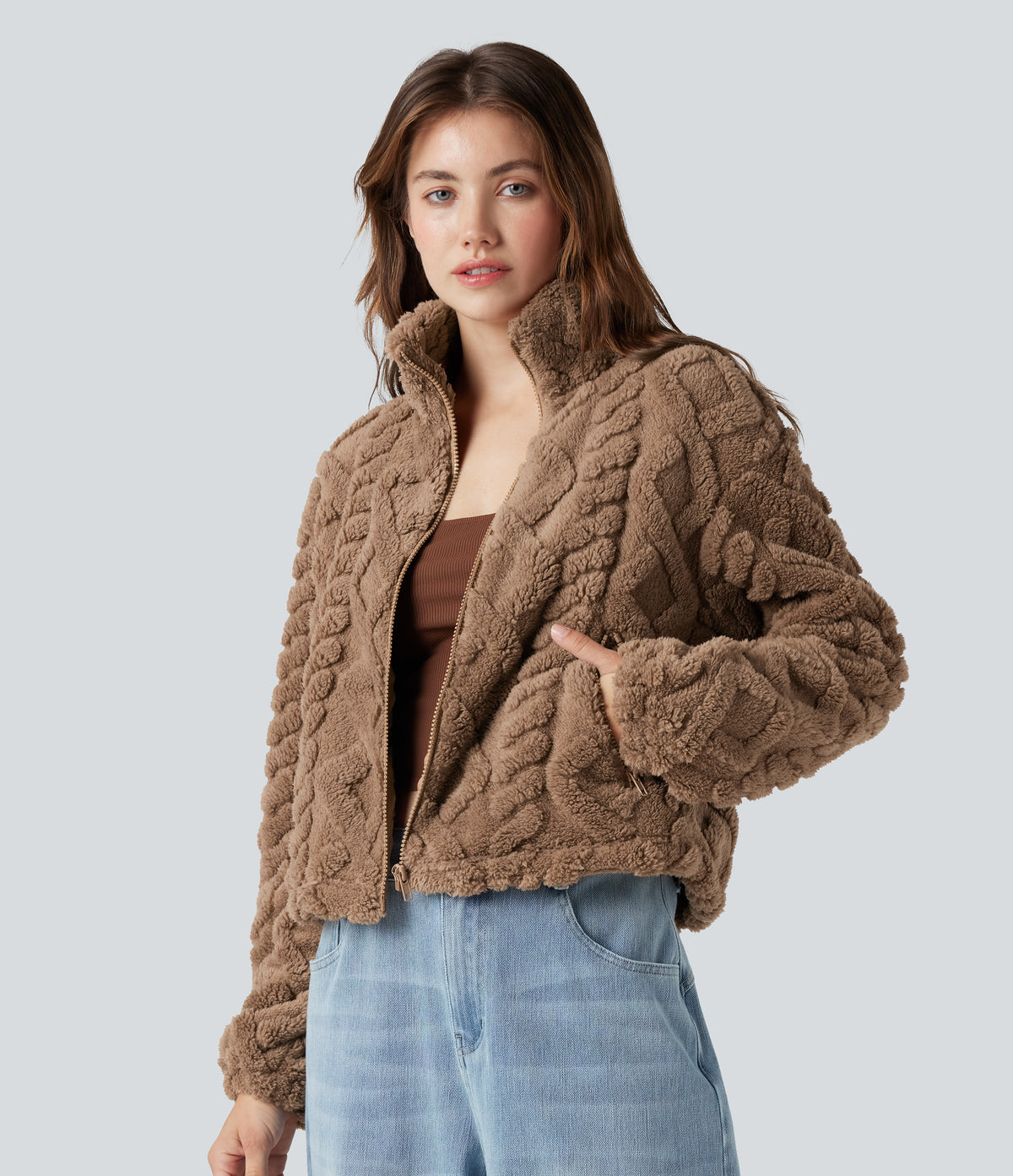 High-neck Zip Fly Casual Sherpa Jacket with Pockets — Coca Mocha — view 2