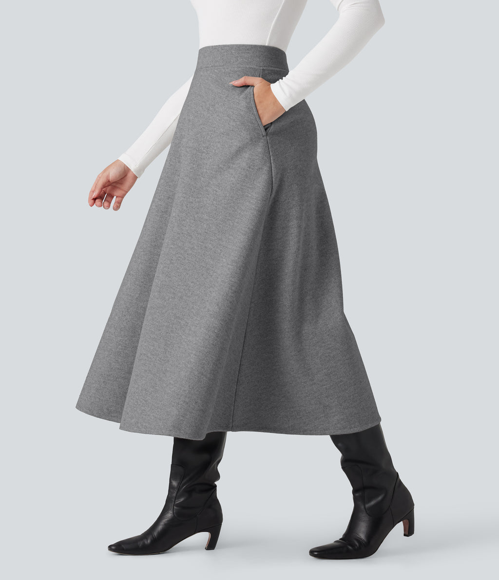 High Waisted Fleece Midi Casual A-line Skirt with Pockets — Charcoal Grey — view 4