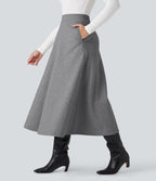 High Waisted Fleece Midi Casual A-line Skirt with Pockets — Charcoal Grey — view 4