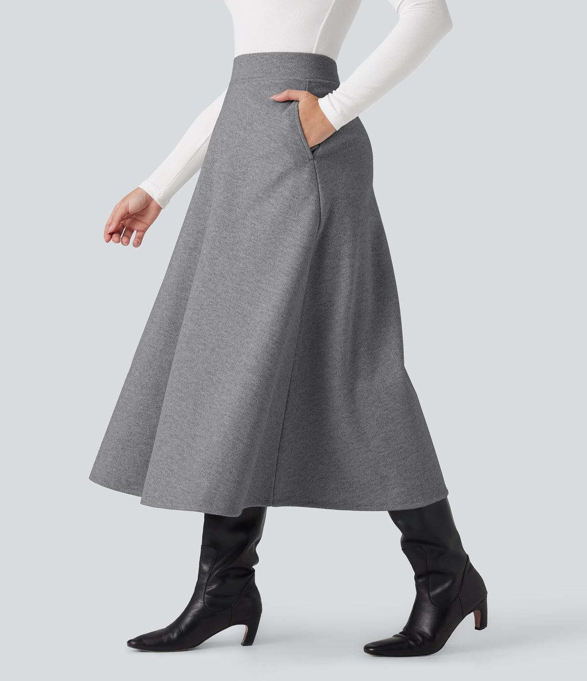 High Waisted Fleece Midi Casual A-line Skirt with Pockets — Charcoal Grey — view 4