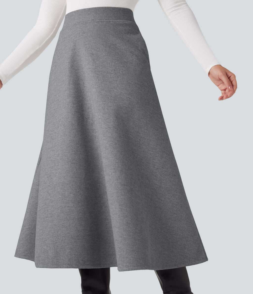 High Waisted Fleece Midi Casual A-line Skirt with Pockets — Charcoal Grey — view 6