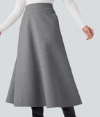 High Waisted Fleece Midi Casual A-line Skirt with Pockets — Charcoal Grey — view 6