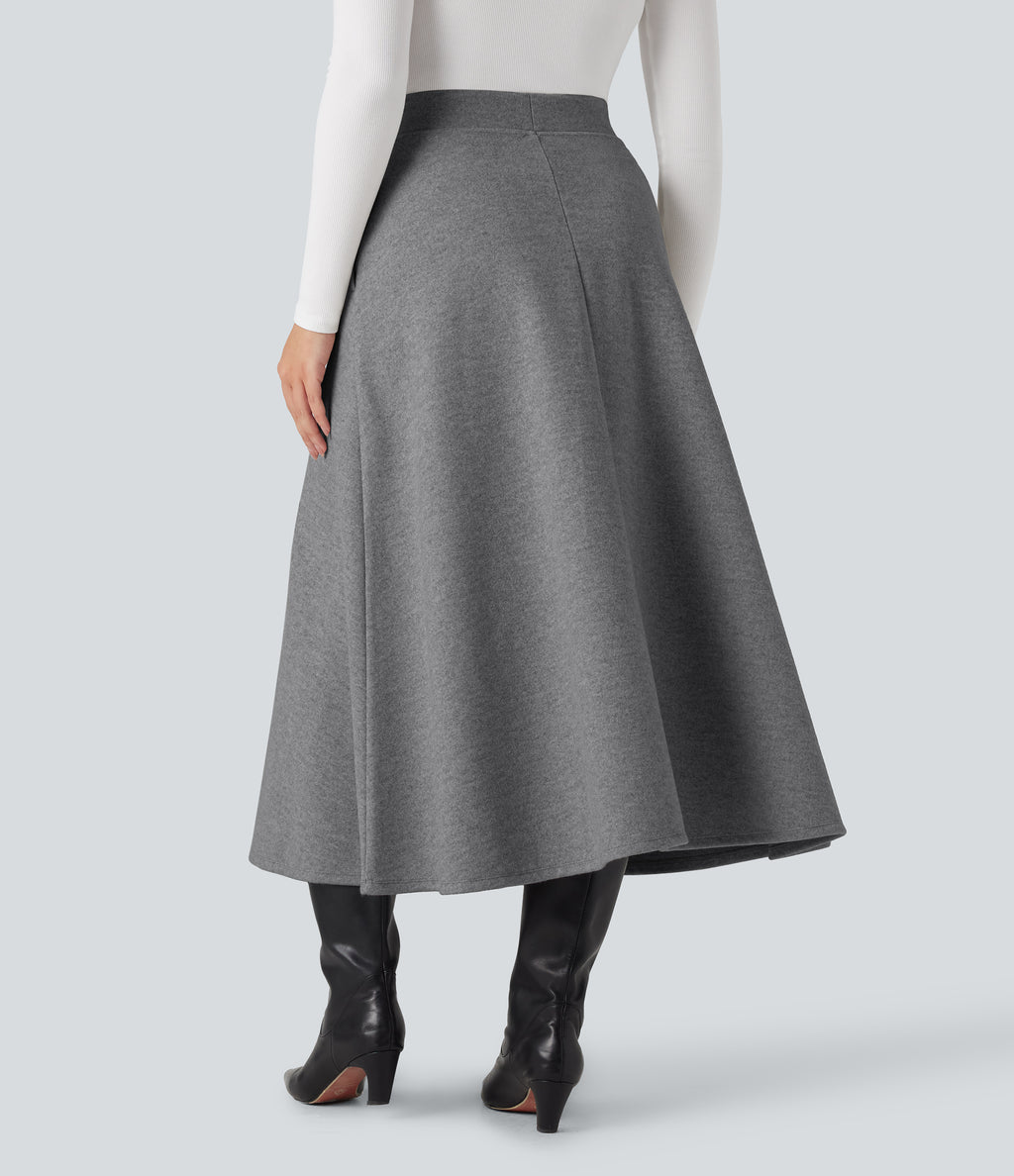 High Waisted Fleece Midi Casual A-line Skirt with Pockets — Charcoal Grey — view 3