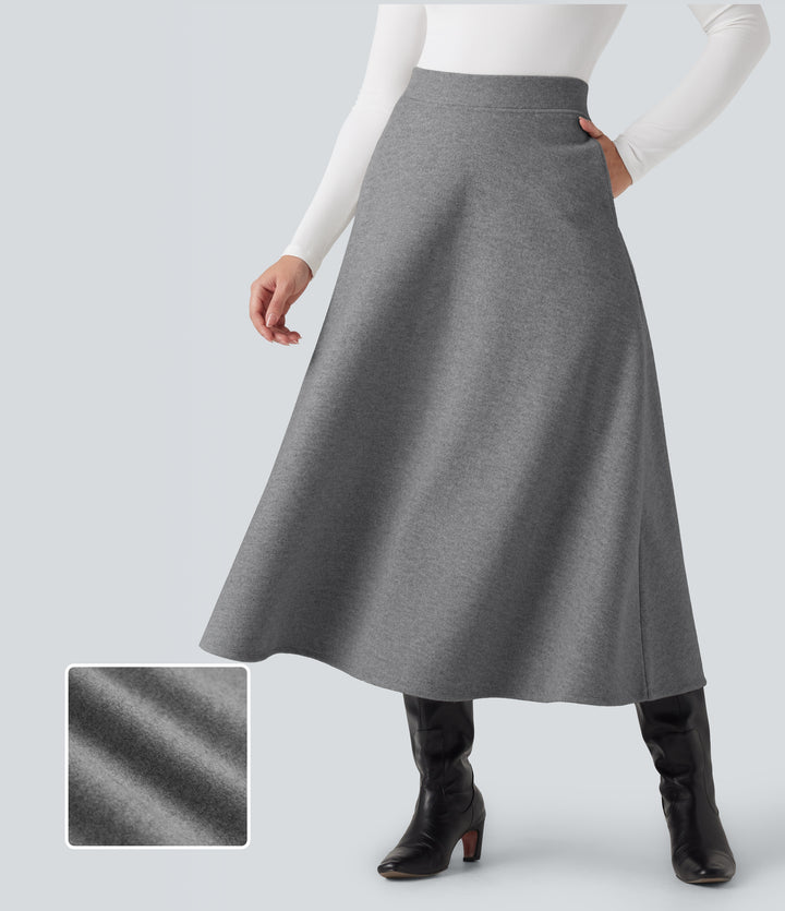 High Waisted Fleece Midi Casual A-line Skirt with Pockets — Charcoal Grey — view 2