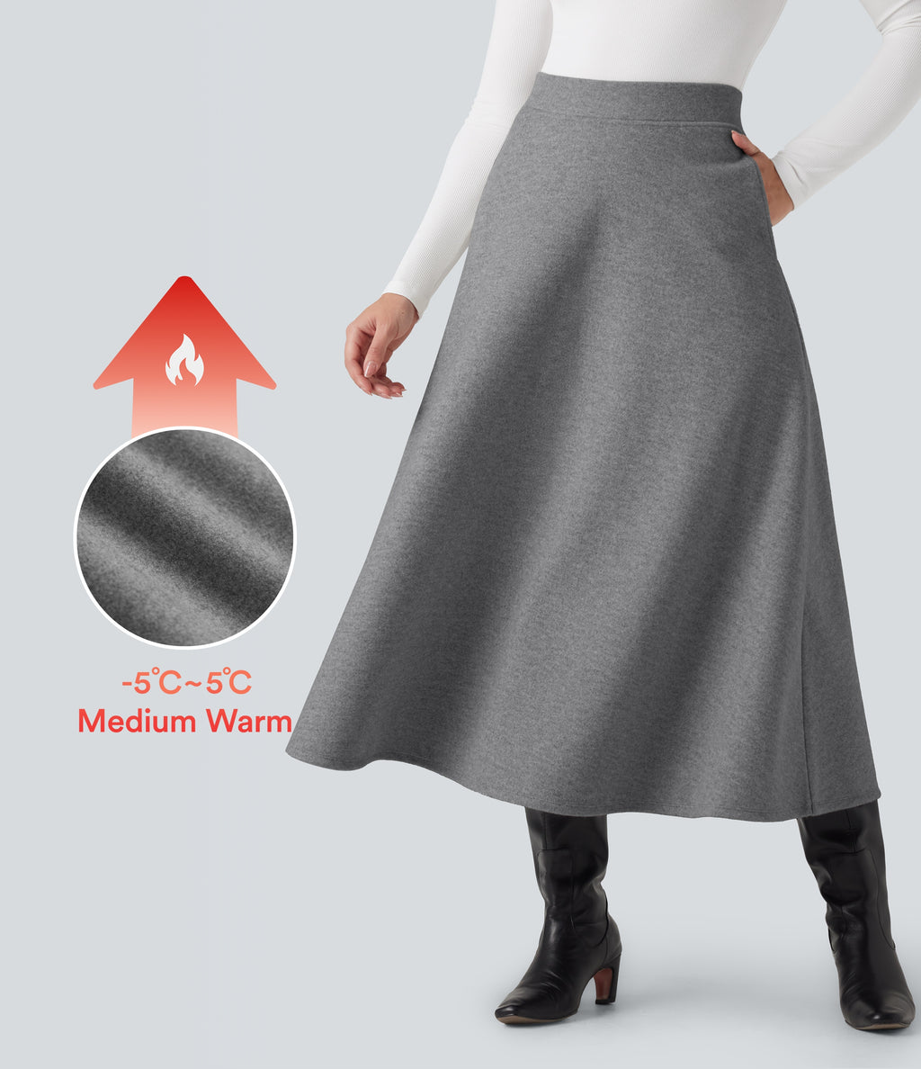 High Waisted Fleece Midi Casual A-line Skirt with Pockets — Charcoal Grey — view 1
