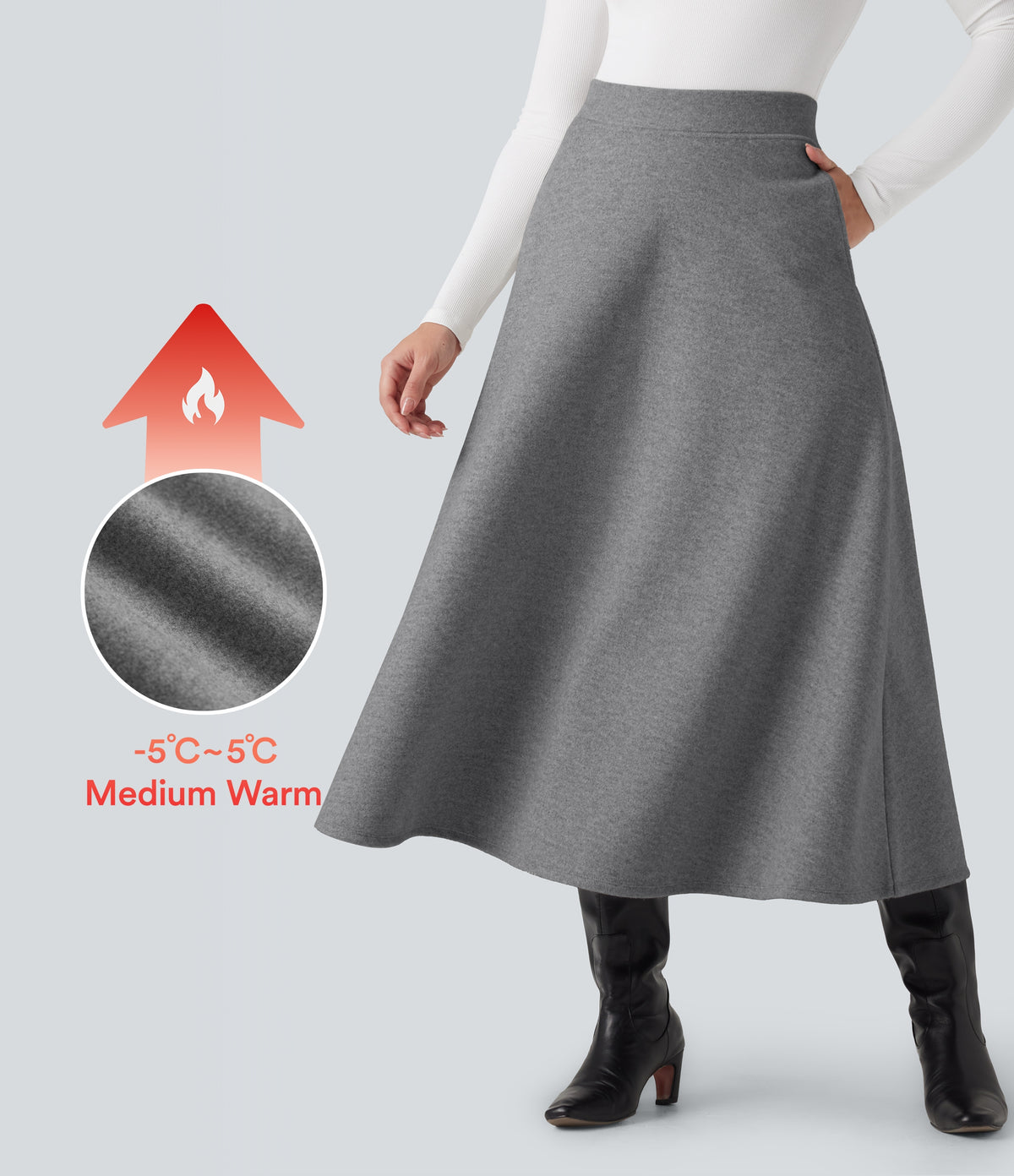 High Waisted Fleece Midi Casual A-line Skirt with Pockets — Charcoal Grey — view 1
