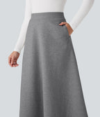High Waisted Fleece Midi Casual A-line Skirt with Pockets — Charcoal Grey — view 5