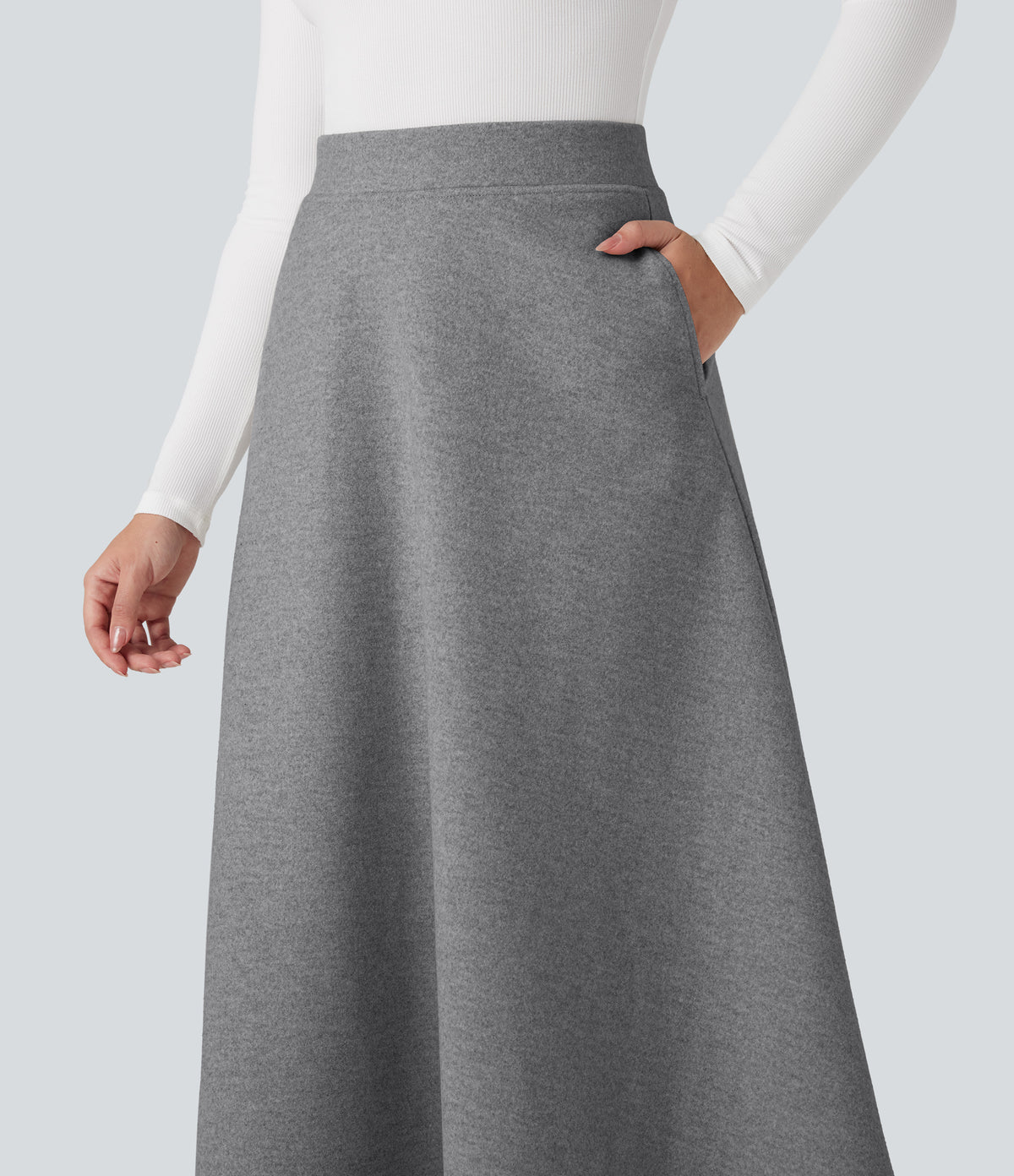 High Waisted Fleece Midi Casual A-line Skirt with Pockets — Charcoal Grey — view 5