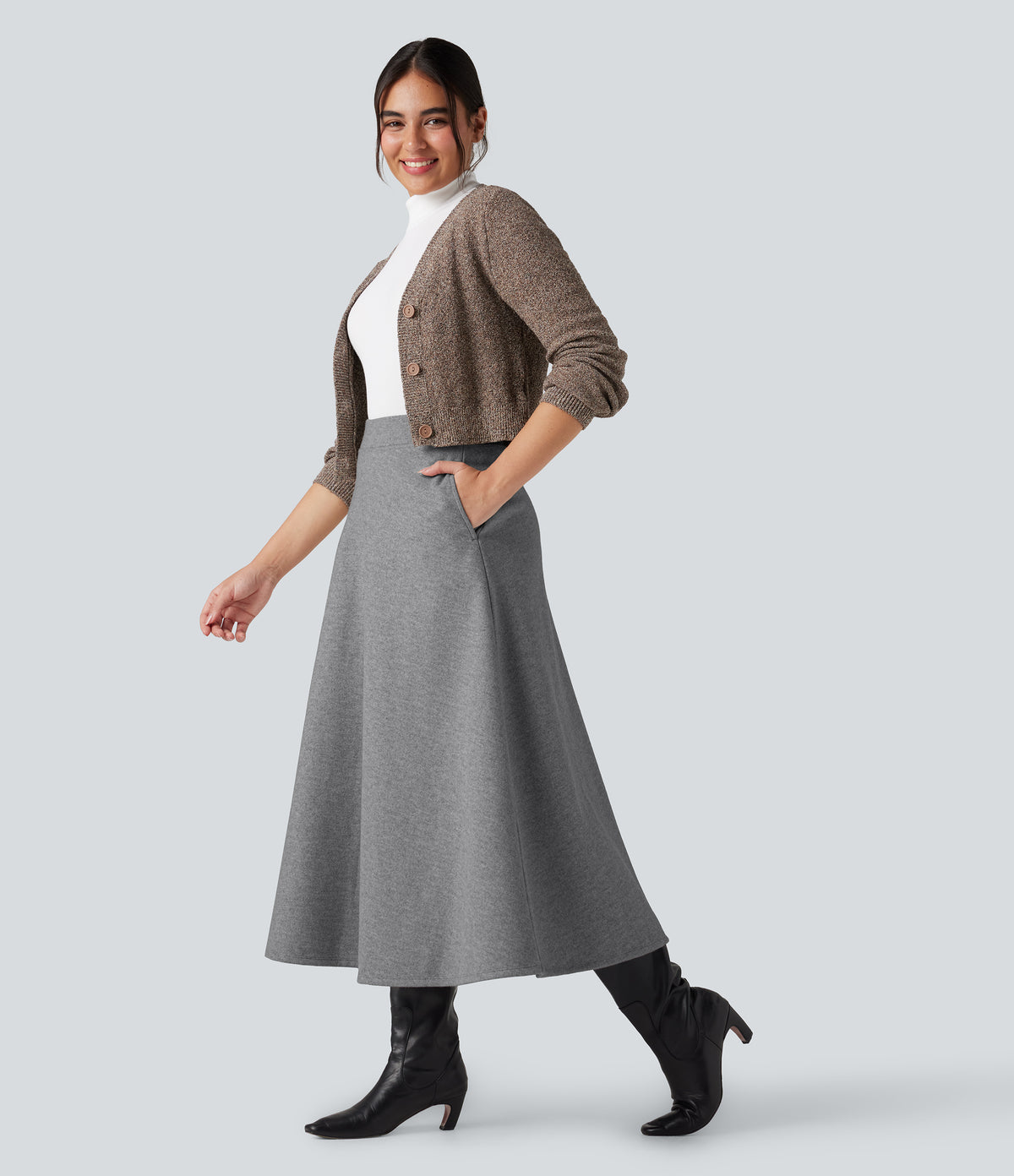 High Waisted Fleece Midi Casual A-line Skirt with Pockets — Charcoal Grey — view 7