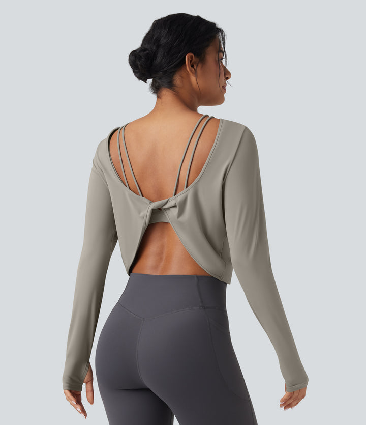 QuickDry Backless Twist-back Long Sleeve Thumb Holes 2-in-1 Yoga Sports Top — London Fog — view 1