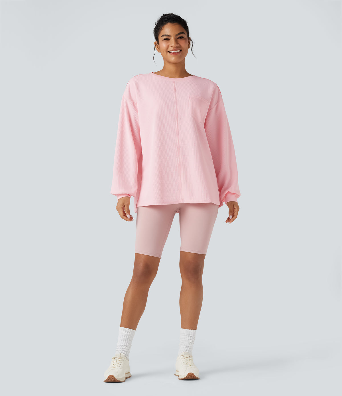 Round Neck Long Sleeve Split Hem Waffle Oversized Casual Sweatshirt with Pockets — Barely Pink — view 7